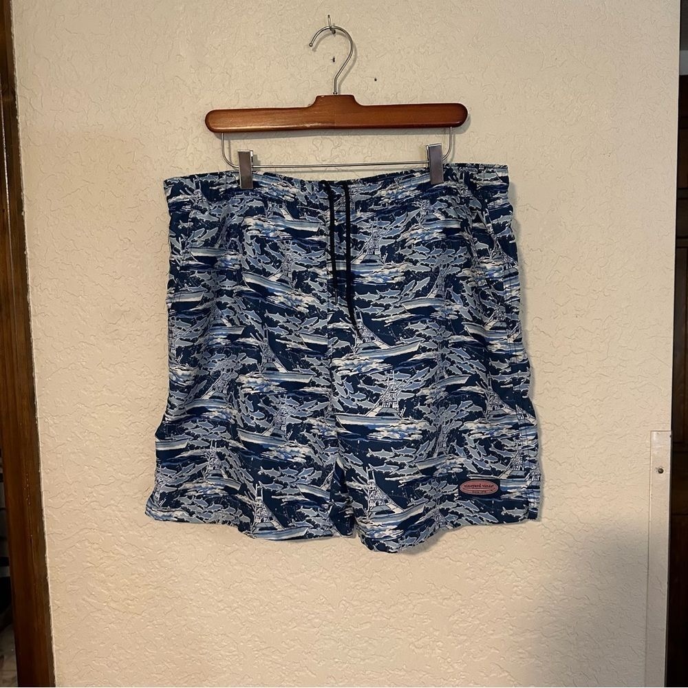 Vineyard Vines Swim Trunks M Blue Shark Boat Print Chappy Shorts Fishing Beach - Picture 10 of 11